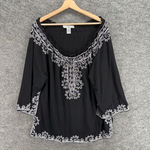Once Again Blouse Women 1X Plus Black Geometric Long Sleeve Round Neck Casual